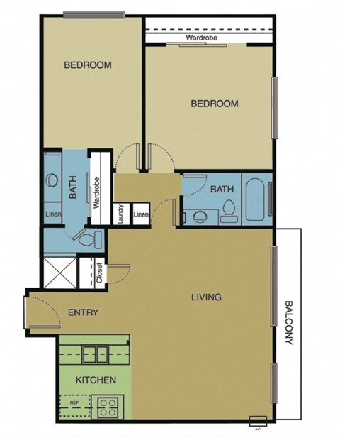 Floor plan for 2 beds, 2 baths, 950 sqft